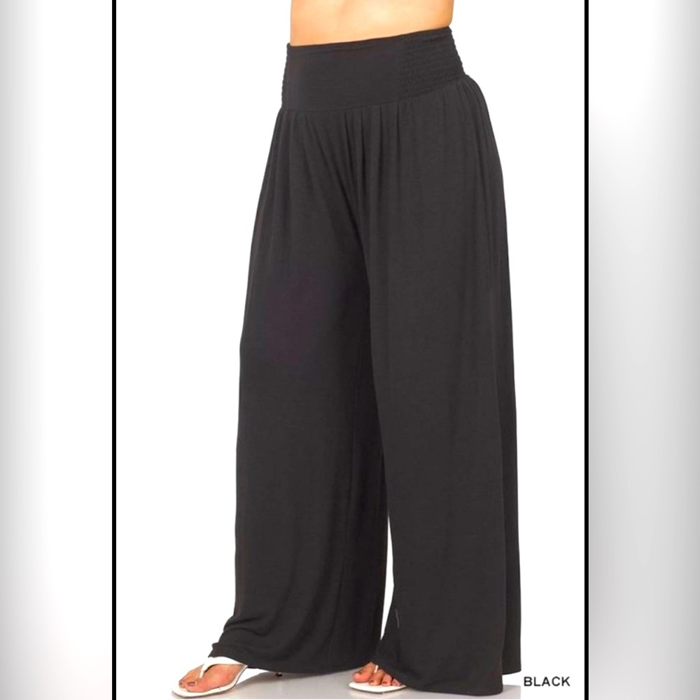 Sassy Smocked Waist Wide Leg Knit Pants in Black